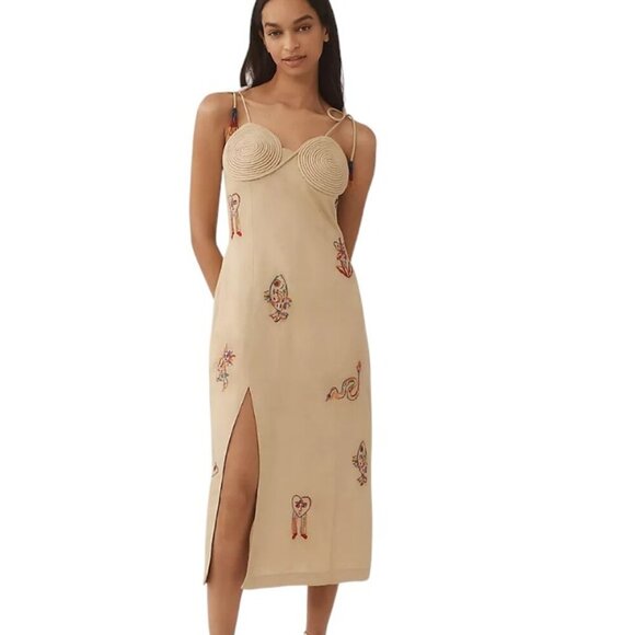 Farm Rio x Anthropologie Embroidered Linen Blend Dress, Beaded, Sz M - Picture 1 of 9